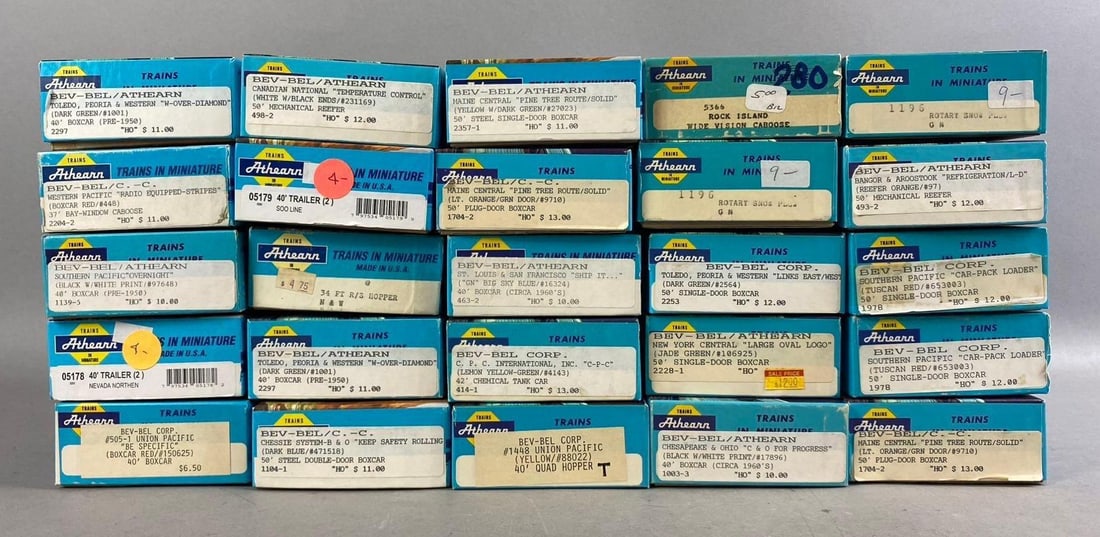 Group of 10+ Athearn HO Scale Train Cars: Includes Reefer, Boxcar, and more. One measures L 8 x W 4