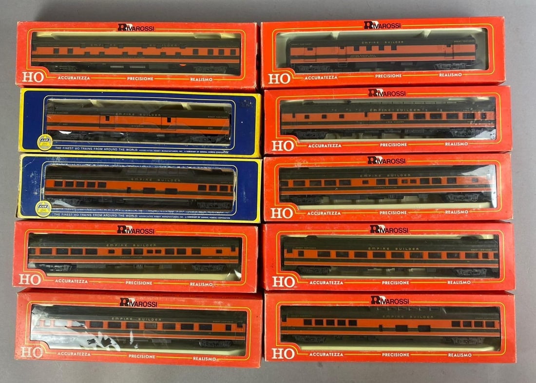 Group of 10 Rivarossi Supermodello Ho Scale Train Cars and Mkre: includes empire Builder passenger cars and more. One measures L 13 x W 4 inches.