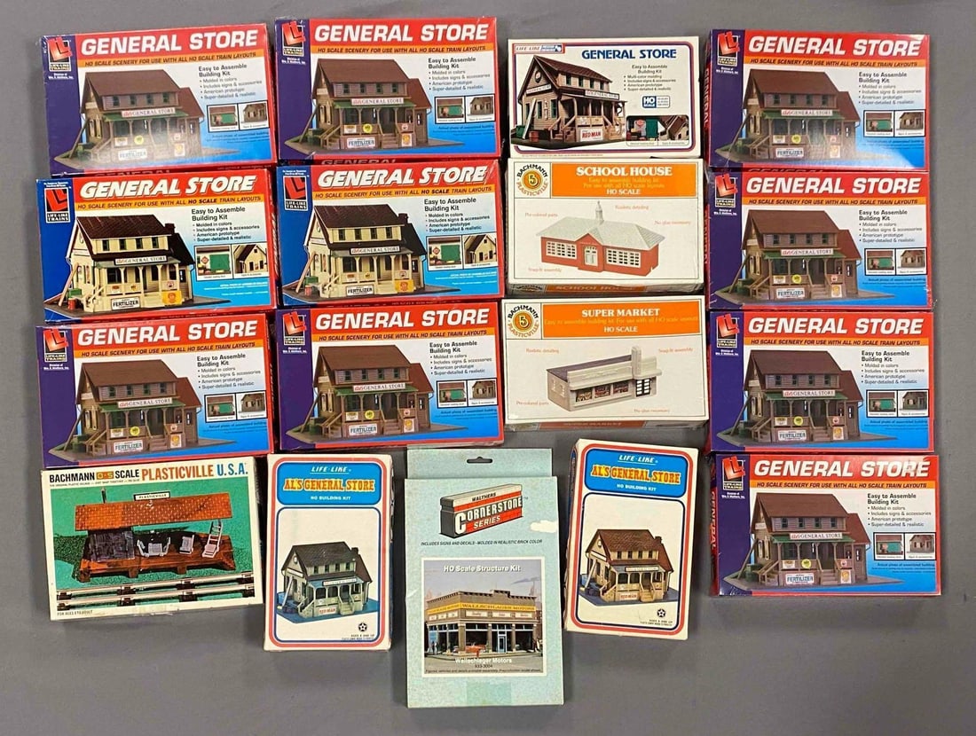 Group of Life-Like HO Scale Model Train Building Plastic Model Kits and More: most sealed, features bachman and walthers. Some O Scale, includes Wallachlager motors and various general stores