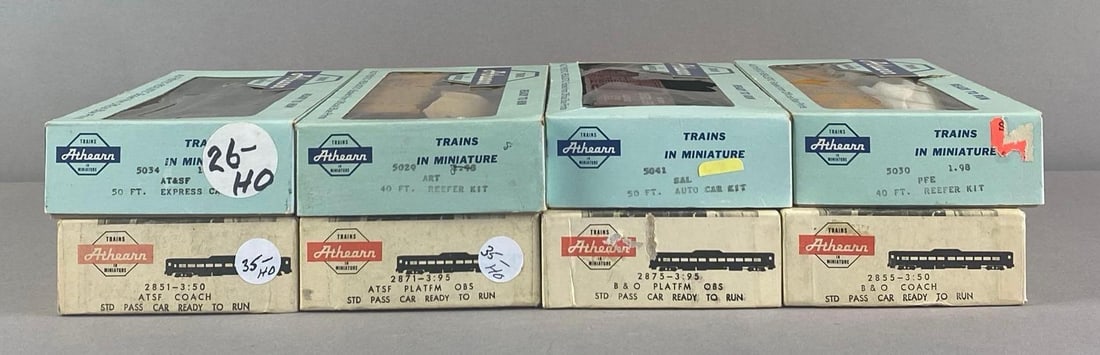 Group of 8 Athearn HO Scale Train Cars: Includes ART reefer, PU reefer, B and O Coach and more, wear shown, blister on one box worn, largest each measure 13 inches W