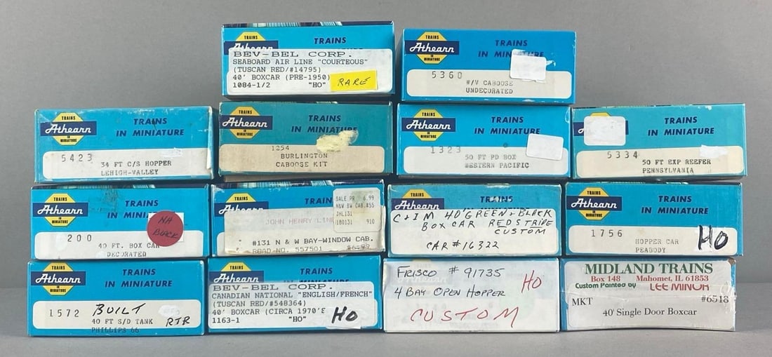 Group of Assorted Athearn HO Scale Train Cars: includes hoppers. Caboose, box cars and more, Each box measures 7 3/4 inches W