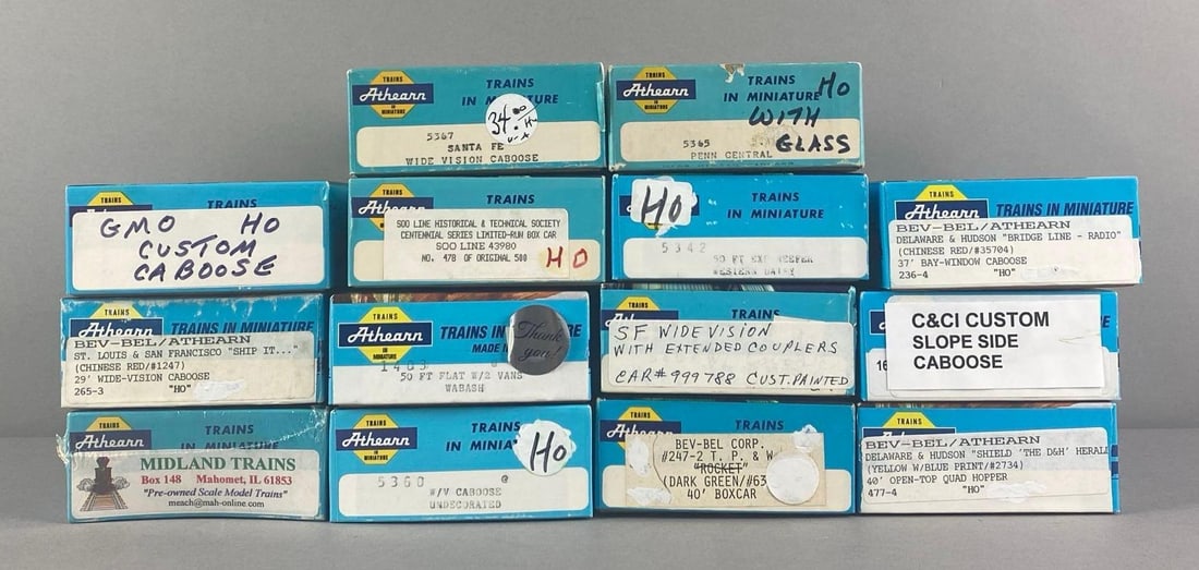 Group of Assorted Athearn HO Scale Train Cars: Includes GMO caboose, WV caboose, SF caboose and more, Each box measures 7 3/4 inches W