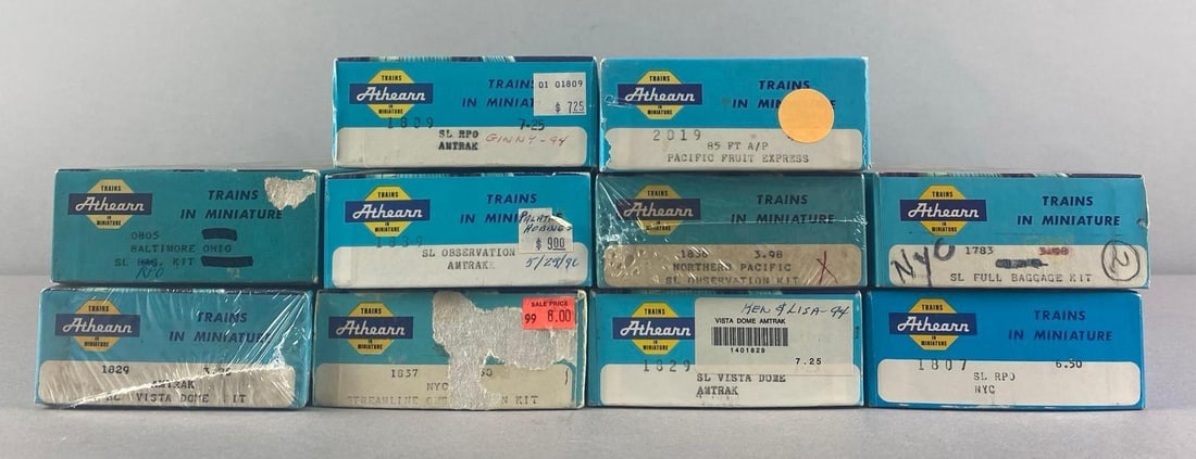 Group of 10 Athearn HO Scale Train Cars: includes NP observation, Baltimore ohio RPO, amtrack dome car and more, Largest box measures 12 1/2 inches W