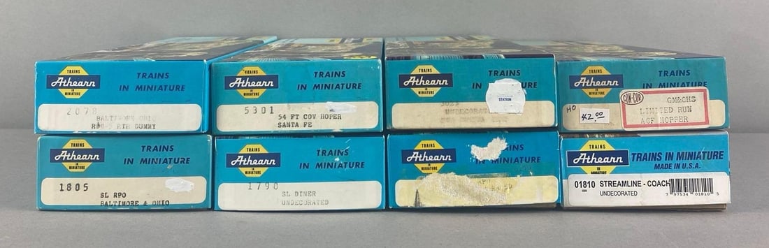 Group of 8 Athearn HO Scale Train Cars: Includes hoppers, diner, coach and more, each box measure 10 1/2 inches W
