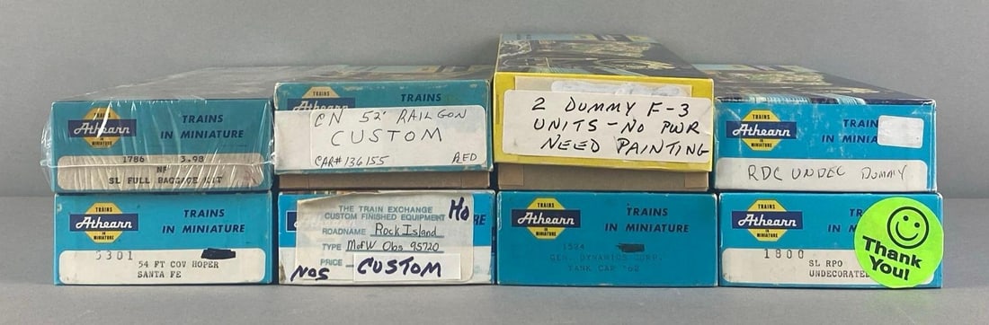 Group of 8 Athearn HO Scale Train Cars: Includes 2 undecorated dummy locomotives, baggae cars, hoppers and more, each measures 10 1/2 inches W