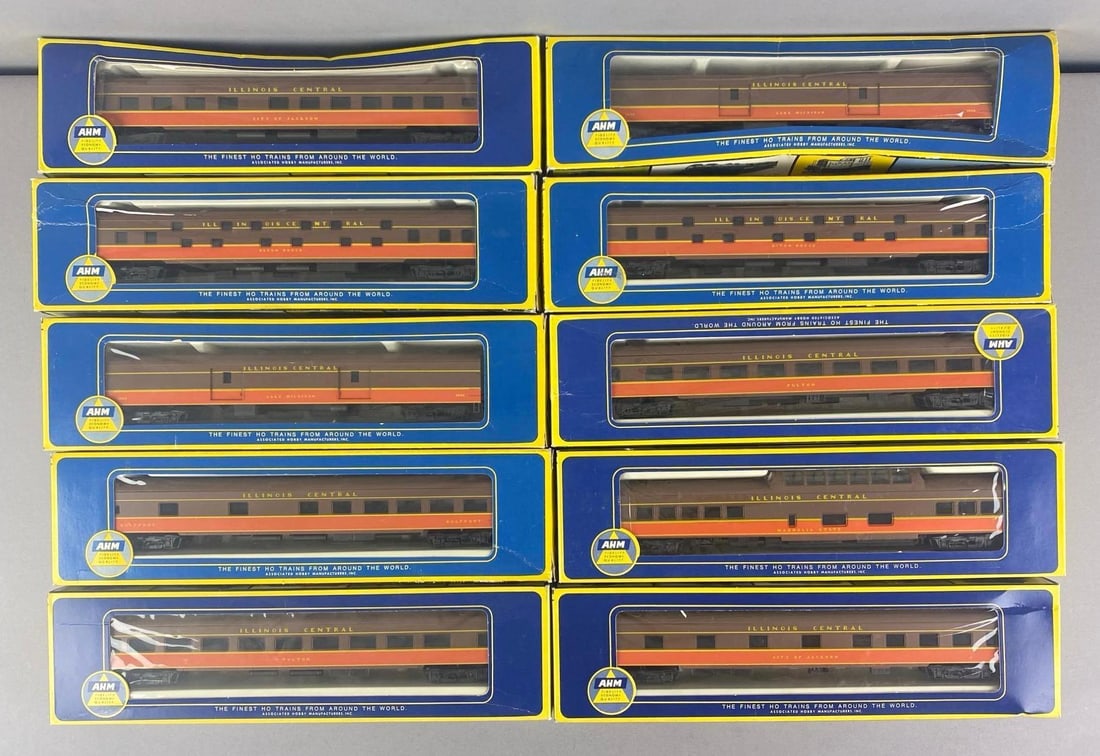 Group of 10 AHM HO Scale Illinois Central Passenger Train Cars: Includes baggage, sleeper, coach and more, each box measures 13 inches W