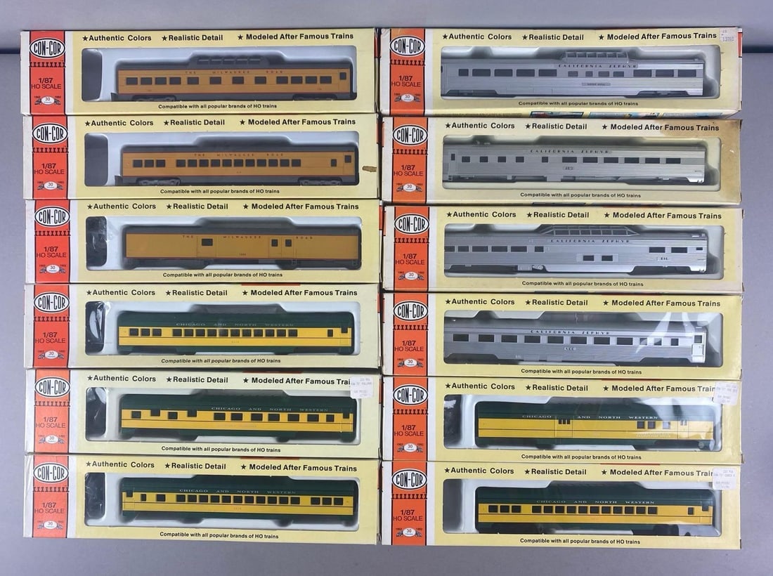 Group of Con-Cor HO Scale Passenger Train Cars: Chicago and North western, California zephyr, includes coach, RPO, sleeper and more, each box measures 15 inches W