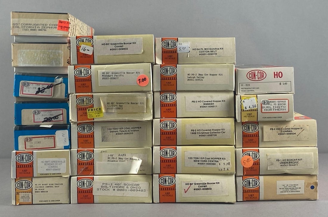 Group of Assorted Con-Cor HO Scale Train Cars: In original boxes, includes box cars, trailers, hoppers and more, largest measures 15 inches L