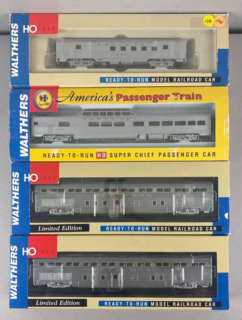 Group of 4 Walthers HO Scale Santa Fe Passenger Train Cars: In original boxes, some shelf wear, includes RPO, coach and pleasure dome, each box measures 14 inches W