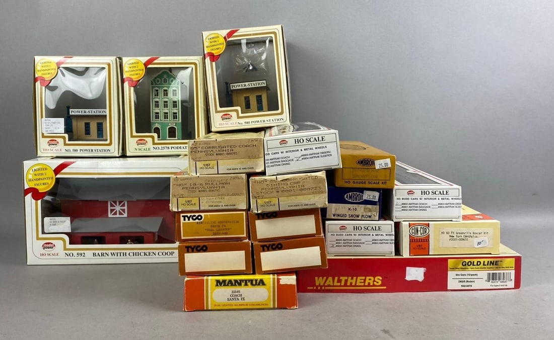 Group of 10+ Ho Scale Train Cars and More: Includes Amtrac cars, building, and more. Largest measures 12 inches inches