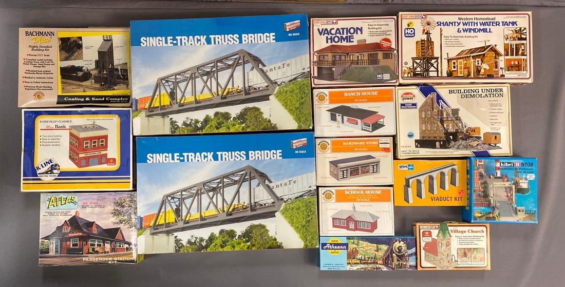 Group of 10+ Life Like HO Scale Model Building and More: Includes Truss Bridge, station, and more. Largest measures L 20 x W 13 inches.