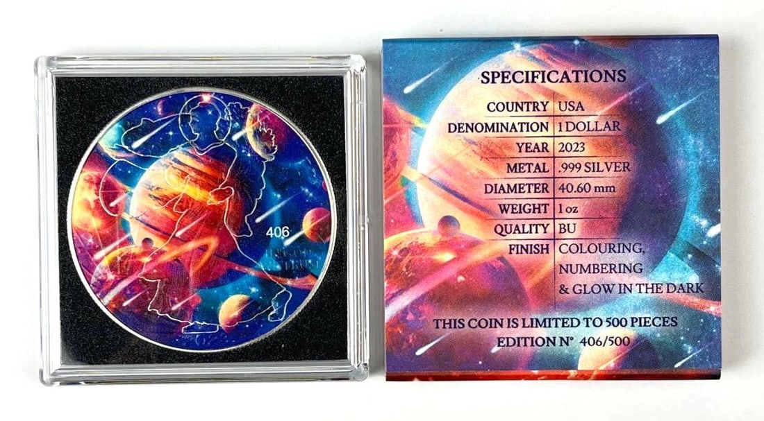 2023 US $1 BU Glowing Galaxy V American Silver Eagle 1 oz Fine Silver Coin: Includes COA