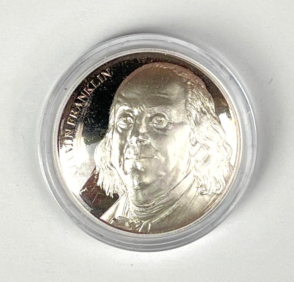 D M Benjamin Franklin 1 oz .999 Fine Silver Round: D M Benjamin Franklin 1 oz .999 Fine Silver Round