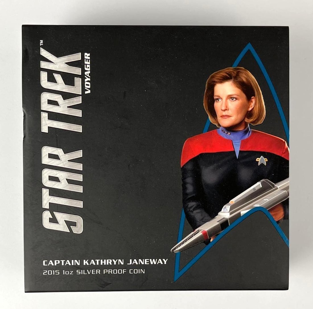 2015 Tuvalu $1 Colorized Star Trek Voyager Captain Kathryn Janeway 1 oz .999 Fine Silver Proof Coin: Includes COA.