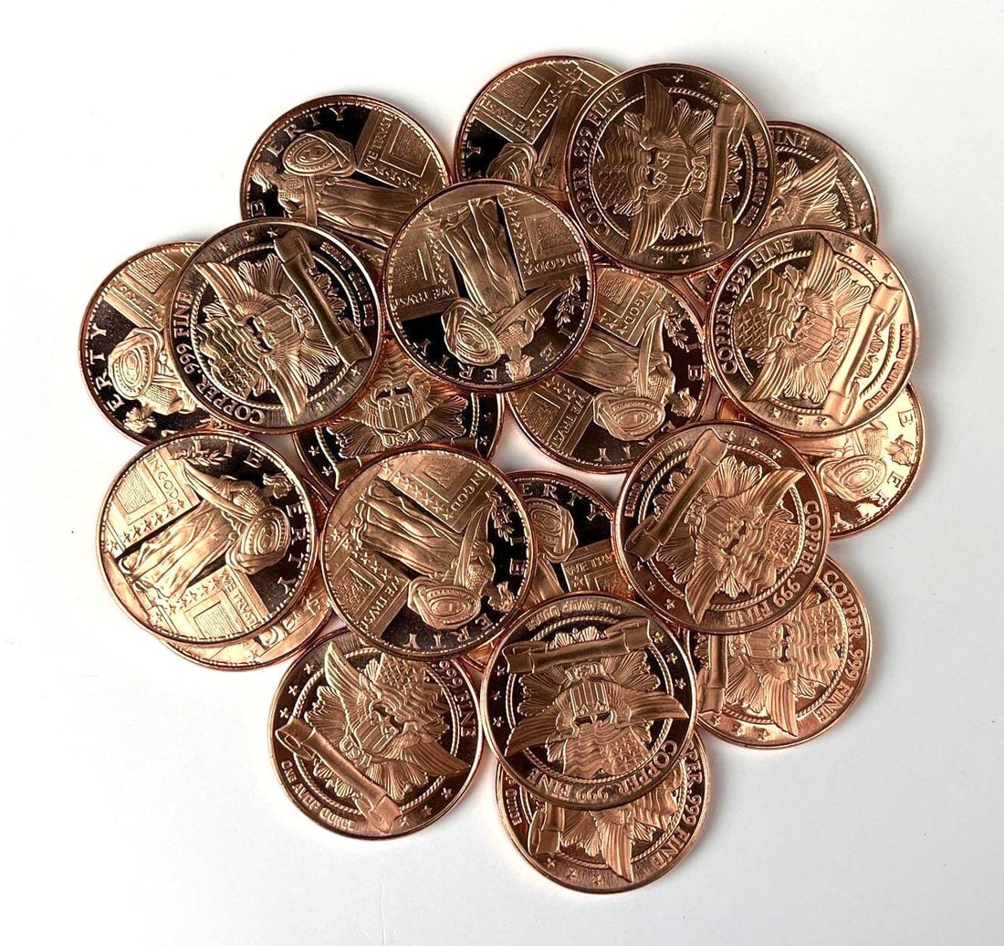 Group of 20 Standing Liberty Design 1 oz .999 Fine Copper Rounds in a Roll: Group of 20 Standing Liberty Design 1 oz .999 Fine Copper Rounds in a Roll