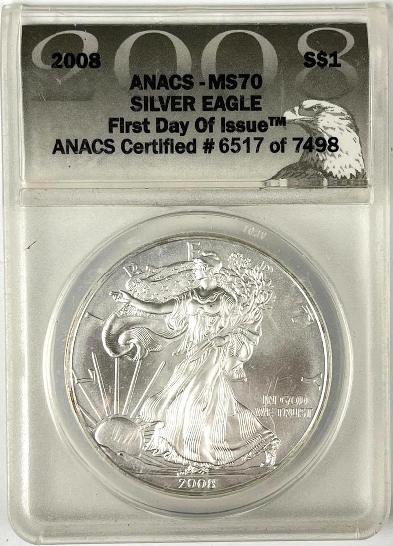 2008 US $1 American Silver Eagle 1 oz Fine Silver Coin ANACS MS70: First Day of Issue