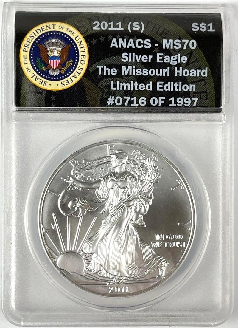 2011 S US $1 American Silver Eagle 1 oz Fine Silver Coin ANACS MS70: The Missouri Hoard, Limited Edition