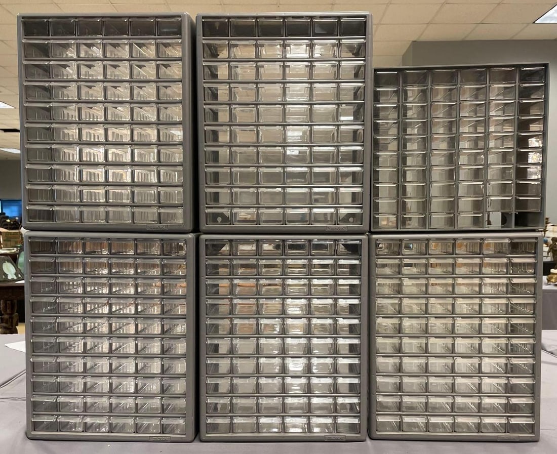 Group of Stack-On Plastic Drawer Parts Cabinets: Each measure 19 inches x 15 inches x 6 1/2 inches