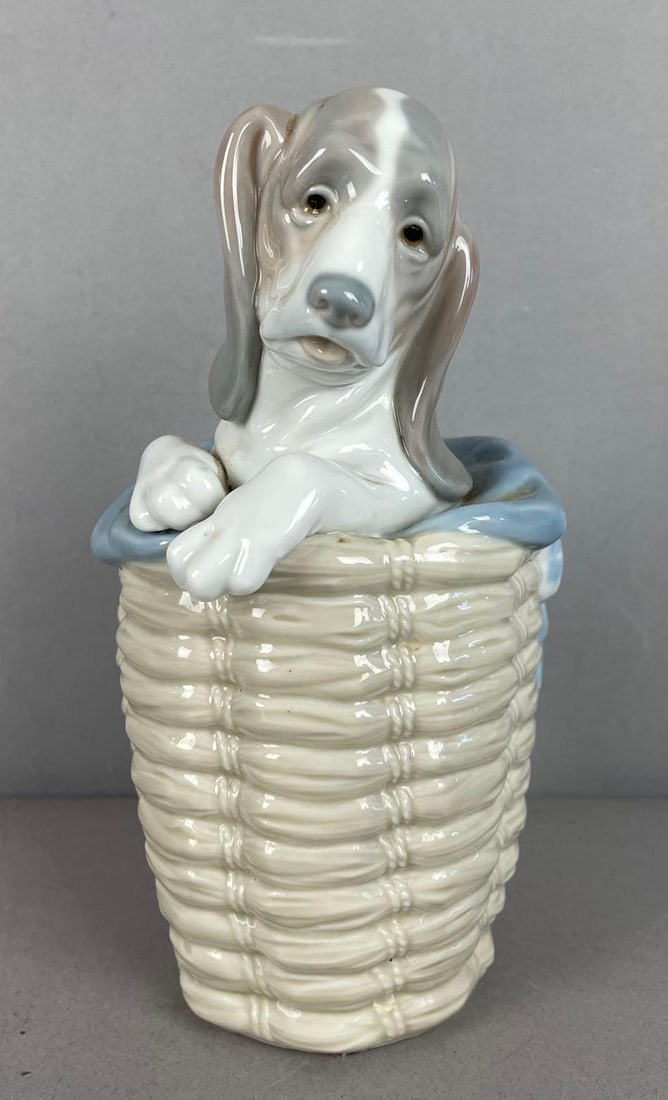 Lladro Dog in the Basket Porcelain Figurine: Measures 7 1/2 inches