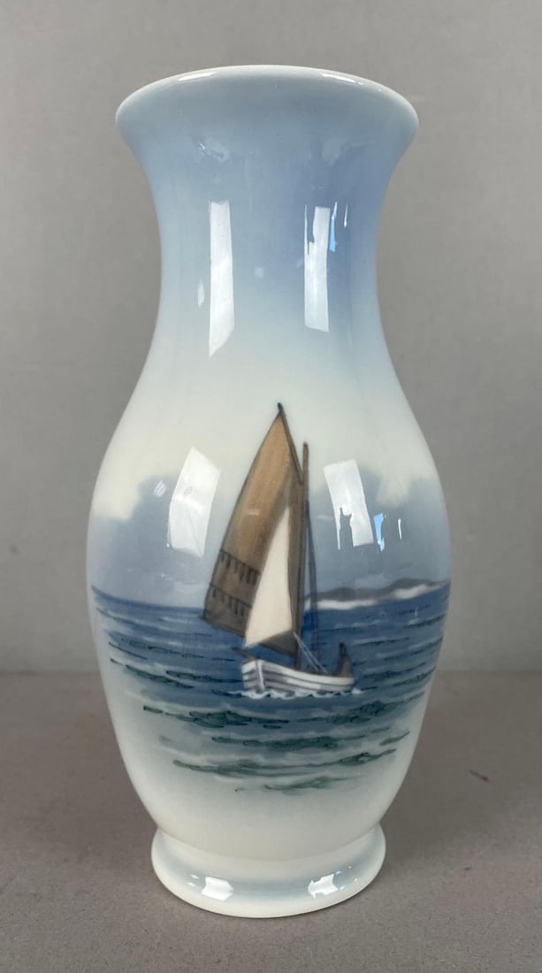 Royal Copenhagen Hand-Painted Sailboat Porcelain Vase: 2765 / 2289, measures 7 inches x 3 1/2 inches