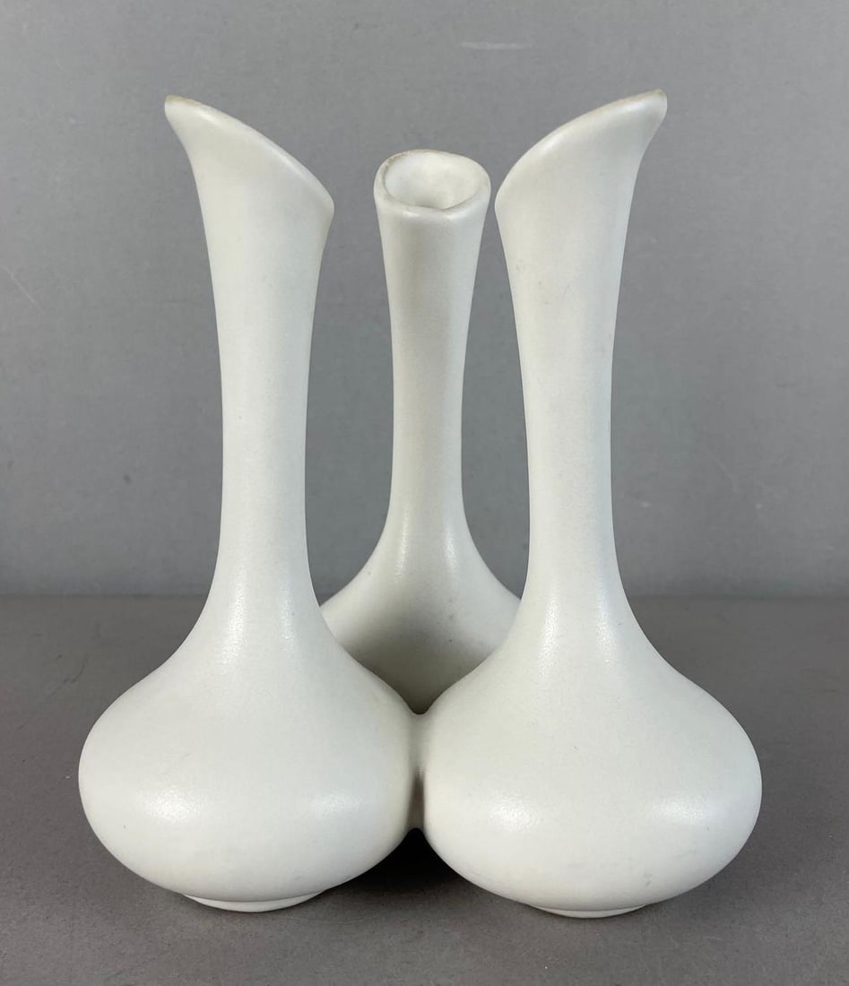 Van Briggle Pottery White Triple Bud Vase: Measures 7 inches x 6 1/2 inches