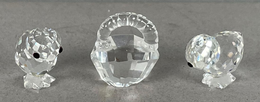 Group of 2 Swarovski Crystal Mini Chicks with Basket: One chick missing eye, basket measures 7/8 inches tall