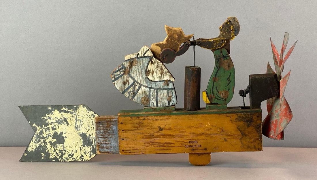 Antique Dodo Signed Quincy IL Wood Whirlygig: In non working condition, measures 10 inches H x 18 inches W x 7 inches D