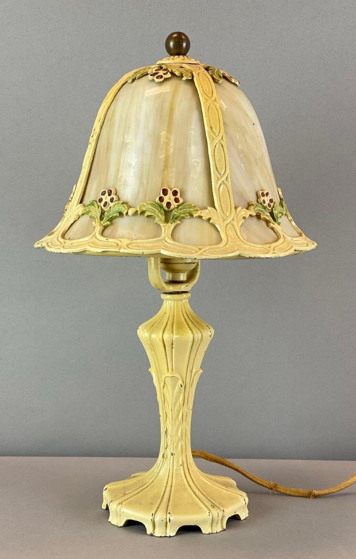 1920s Cast Iron Boudoir Table Lamp With Slag Glass Shade: In working condition, original paint, some paint wear, measures 14 1/2 inches H x 8 1/2 inches W