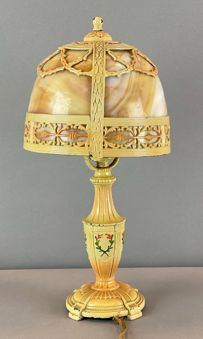 1920s Cast Iron Boudoir Table Lamp With Slag Glass Shade: untested, may need rewired, original paint, measures 15 inches H x 7 inches W x 7 inches D