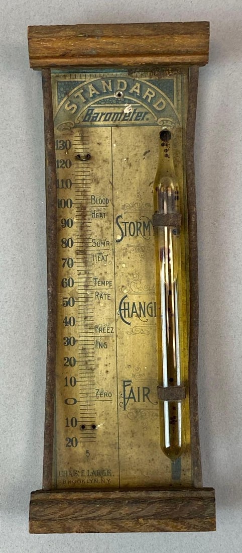 1890s Chas E Large Brooklyn NY Standard Thermo/Barometer: unknown working condition, missing thermometer gauge, measures 8 3/4 inches H x 3 inches W