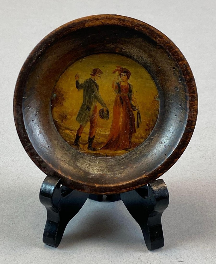 1795 Signed Miniature Colonial Couple Oil On Metal Plate Painting: Artist signature on back, measures 3 3/4 inches in diameter