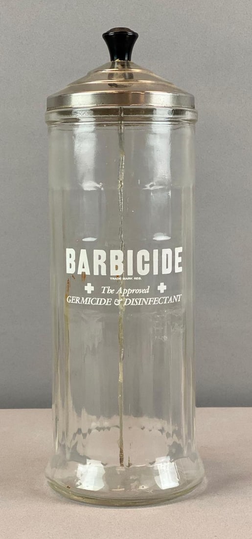 King Research Barbicide Disinfectant Glass Jar: Missing base of lid attached tray, Measures 11 1/2 inches H x 4 inches W