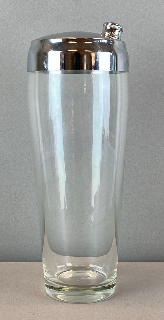 Glass Cocktail Shaker with Chrome Lid: Measures 10 inches H x 3 1/2 inches W