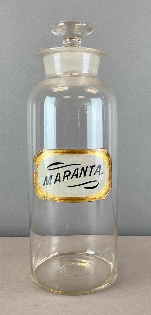 Antique Glass Label Maranta Glass Apothecary Jar: Pontil mark shown, Measures 12 inches H x 4 inches W