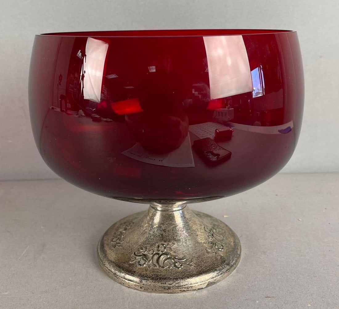 Antique Gorham Sterling Silver Ruby Glass Bowl: Weighted base, #1436, measures 6 1/4 inches x 6 3/4 inches
