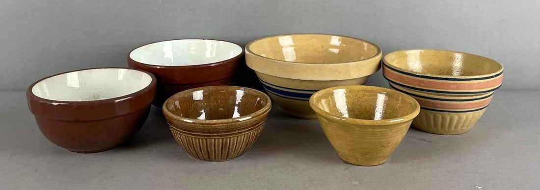 Group of Antique Stoneware Pottery Bowls: Includes Redware, largest measures 4 inches x 8 1/4 inches