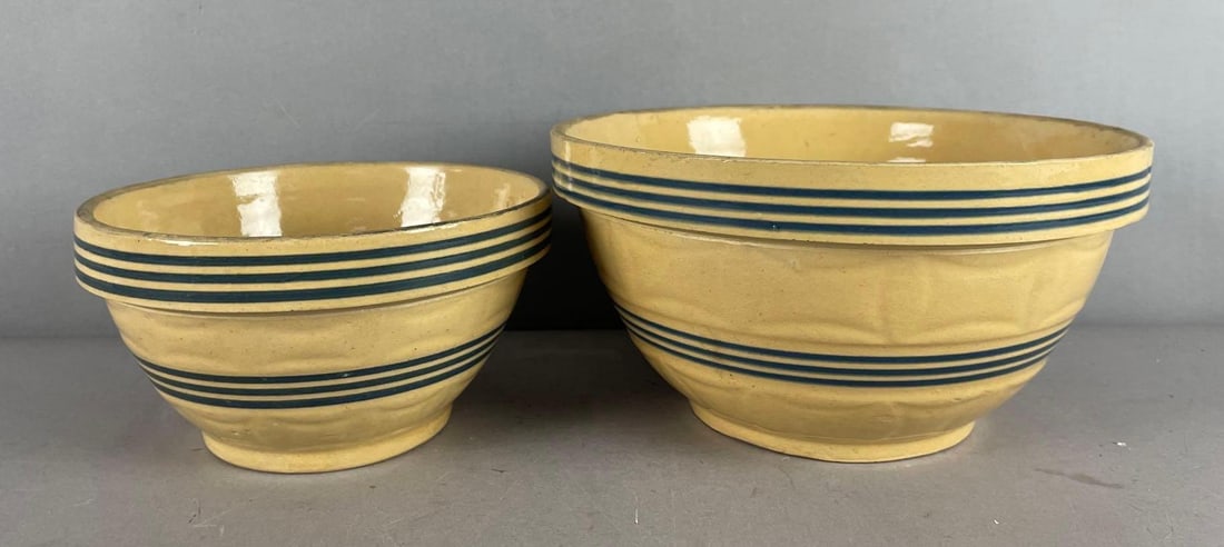 Group of 2 Vintage Striped Yelloware Mixing Bowls: Largest measures 5 1/2 inches x 11 inches