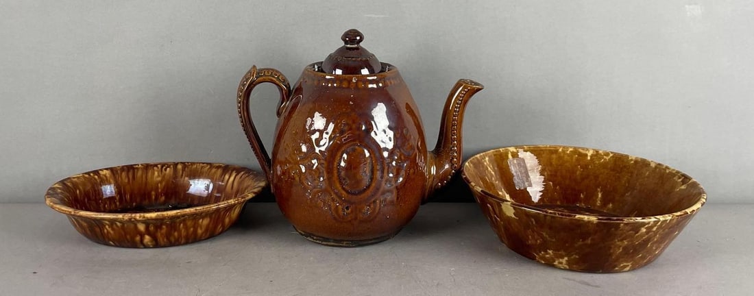 Group of Antique Rockingham Glaze Stoneware Items: Broken teapot lid, largest bowl measures 3 inches x 9 3/4 inches