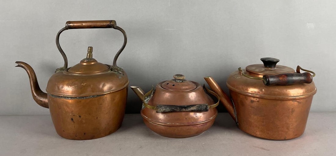 Group of 3 Antique Copper Teapots (1 of 3)