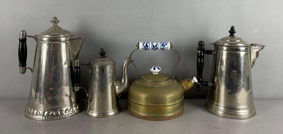 Group of Vintage Coffee Pots: Includes copper, largest measures 11 1/2 inches x 8 inches x 7 inches