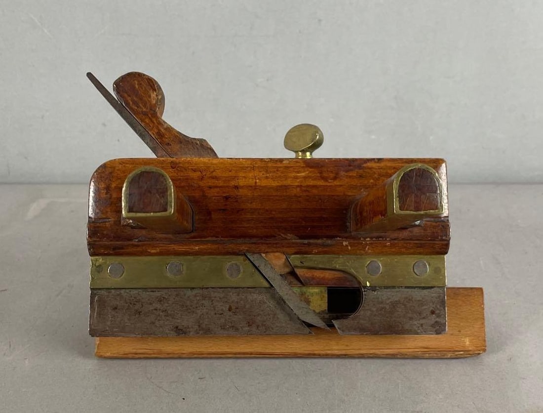 Antique Reed Beechwood and Brass Wedge Pick Plow Plane: Stamped J Edmonds Jr., measures 6 inches x 8 1/2 inches x 9 inches