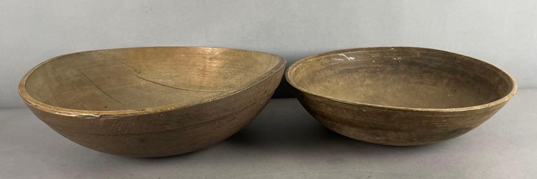 Group of 2 Primitive Shallow Wood Bowls: Largest measures 5 1/2 inches x 17 inches