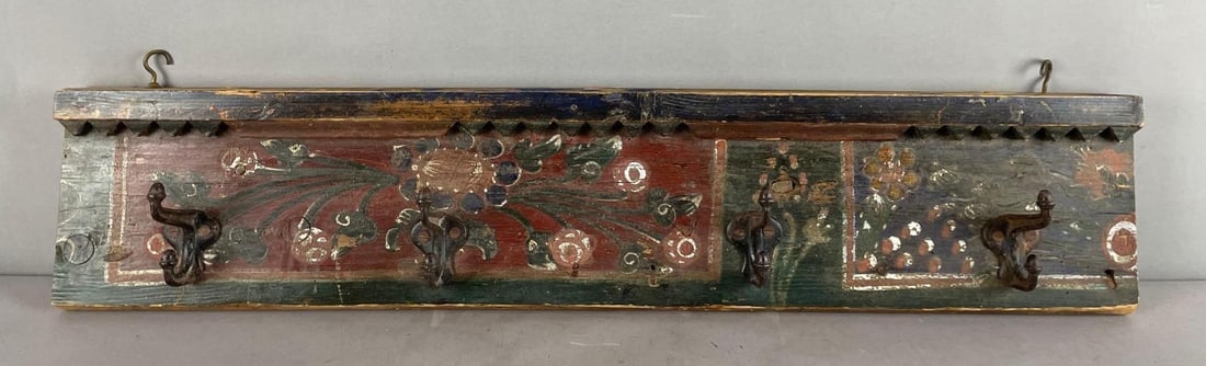 Antique Hand-Painted Wall Mounted Wood Coat Rack: Measures 8 1/4 inches x 34 1/4 inches x 4 inches