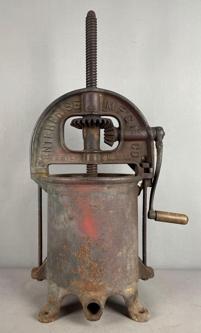 Antique Enterprise Fruit Press and Sausage Stuffer: Measures 26 1/4 inches x 16 inches x 9 inches