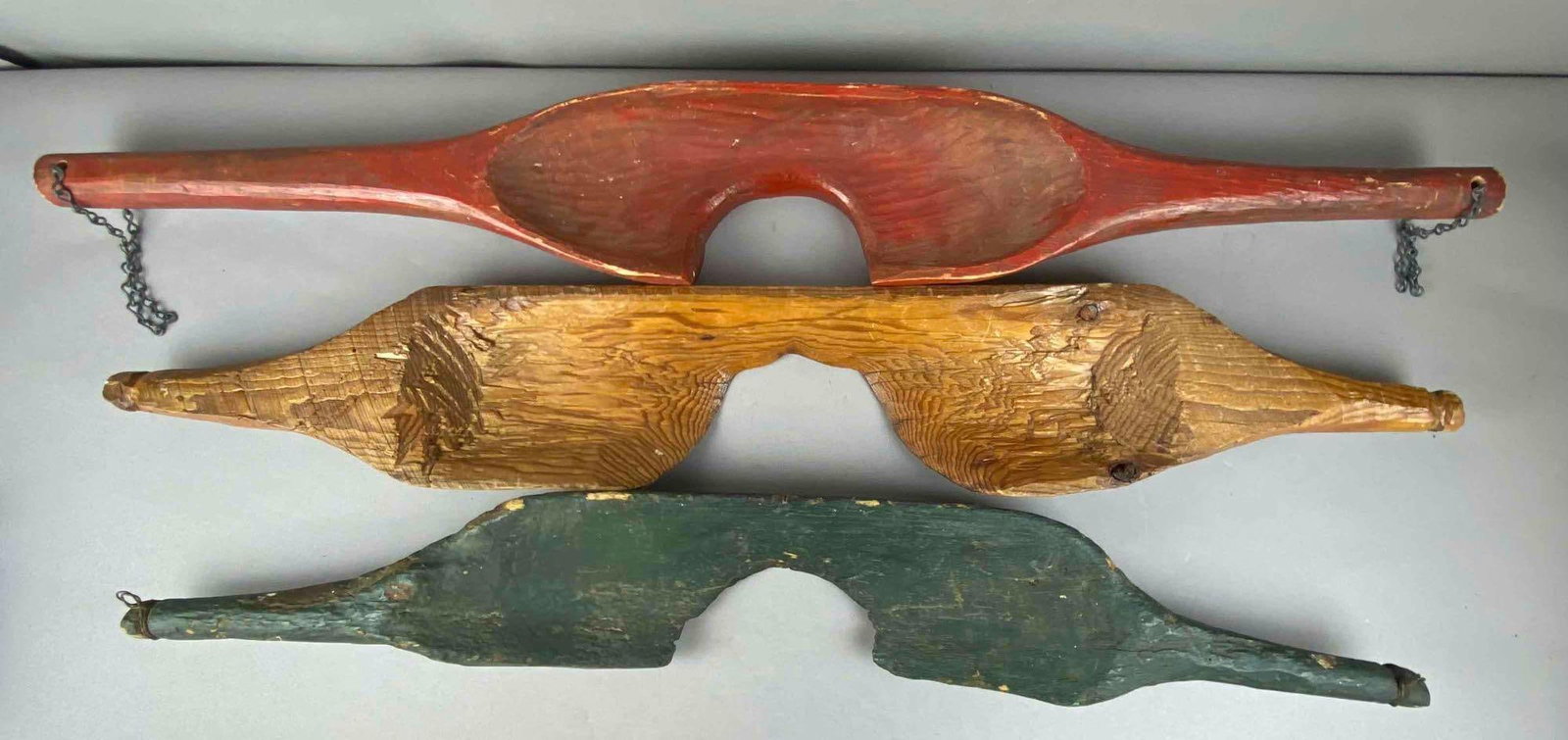 Group of 3 Primitive Wood Single Tree Yokes: Largest measures 40 inches long.