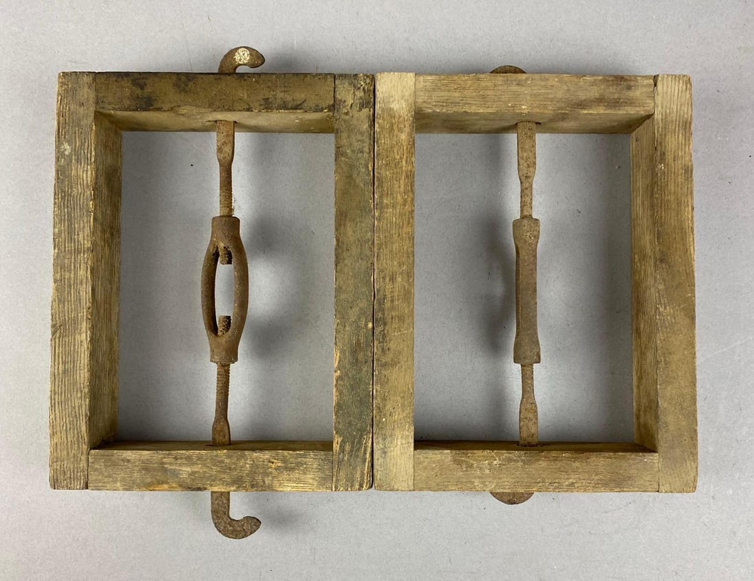 Vintage Wood Bed Rail Display Brackets: One measures L 9 x W 6 1/2 inches.