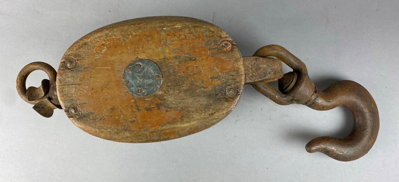 Primitive Double Wheel Wood and Cast Iron Pulley: Measure 25 inches long. Heavy.