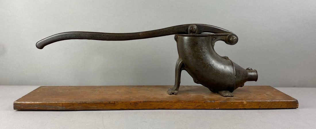 Antique 1858 Countertop Cast Iron Sausage Stuffer: Missing locking pin.measures H 9 x W 7 x L 29 inches.