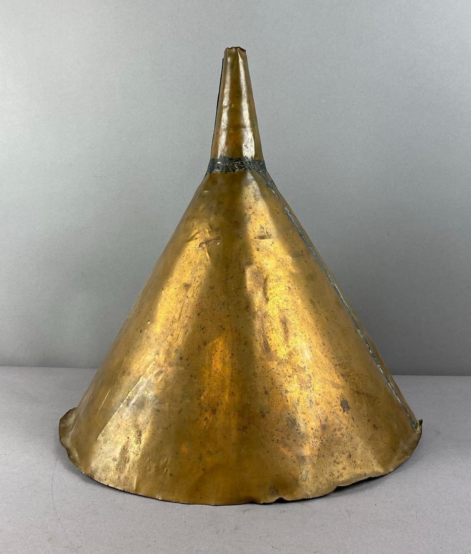 Primitive Brass Funnel with Filter: Measures L 16 x W 15 inches.