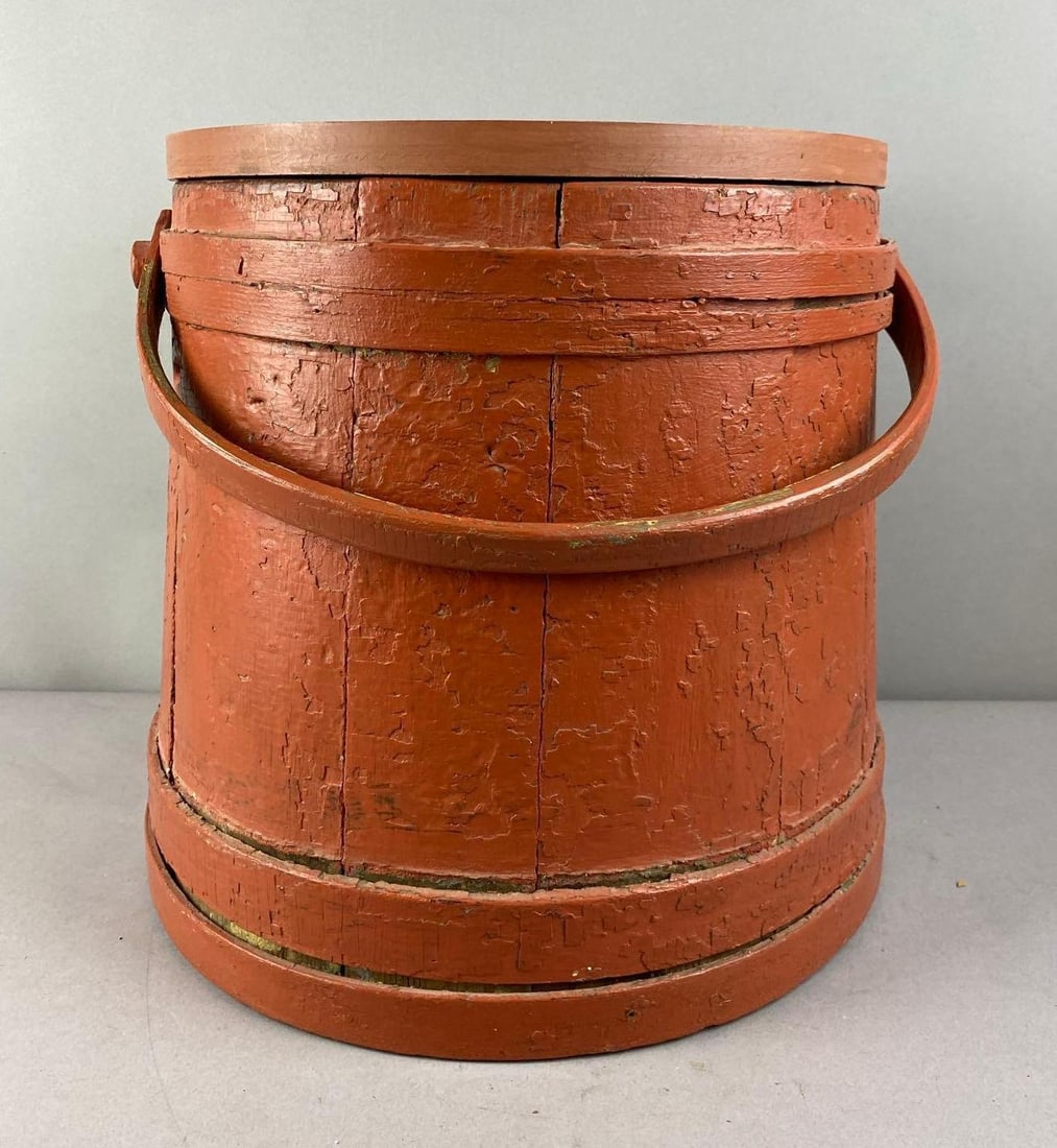 Primitive Red Painted Firkin: Measures L 14 x W 13 inches.